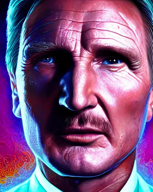 Prompt: portrait ultra dimensional liam neeson, accidentally tripping on dmt and acid, psychedelic experience, overwhelming psychosis of self realization and burning awakening, ultra high definition, unreal engine 5, hyperrealism, masterpiece composition, by casey weldon, barclay shaw 8 k photorealistic