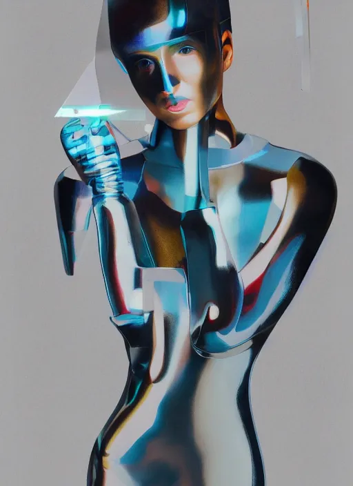 Image similar to futuristic lasers tracing, colorsmoke, leather fullbodysuit, pyramid hoodvisor, raindrops, wet, oiled, beautiful cyborg girl, by steven meisel, kaws, rolf armstrong, mondrian, kandinsky, perfect geometry abstract acrylic, octane hyperrealism photorealistic airbrush collage painting, dark monochrome, fluorescent colors, minimalist rule of thirds, eighties eros