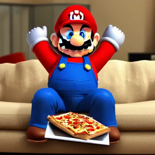 Image similar to Super Mario sitting on the couch eating pizza