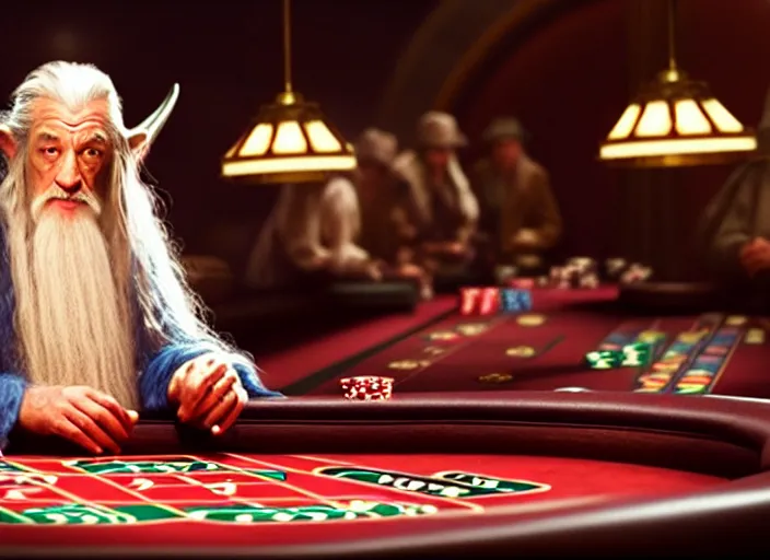 Image similar to film still of gandalf gambling in a casino in new lord of the rings movie, 8 k