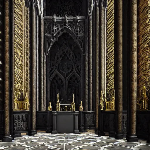 Prompt: a painting of the interior decoration of a very tall gothic temple, a black cat is sitting infront , 4k, Unreal 5, Octane render, Hyperrealistic, Exquisite detail