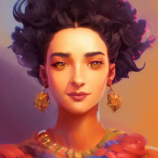 Prompt: portrait of a beautiful woman with black curly hair, maya ali mage, gloomhaven, dynamic lighting, gaudy colors, octane render aesthetic, matte painting concept art, official fanart behance hd artstation by jesper ejsing, by rhads and makoto shinkai and lois van baarle and ilya kuvshinov and rossdraws