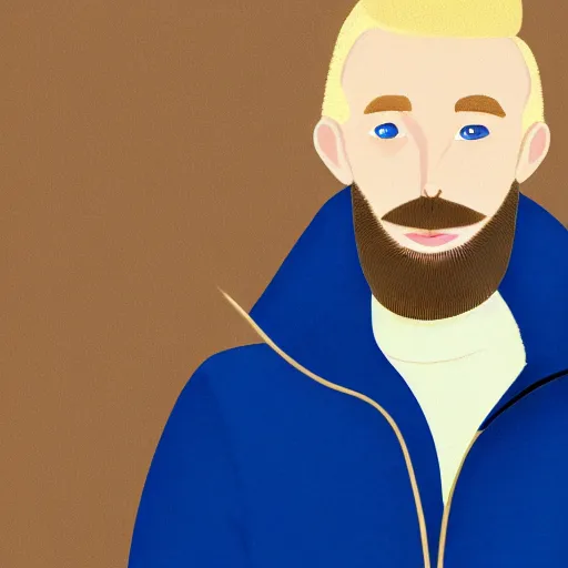 Prompt: A british man, with short blond hair and a very short blond beard wearing a corduroy jacket and turtleneck , blue eyes, pale skin, English heritage, digital art, cartoon, mid-shot, 8k