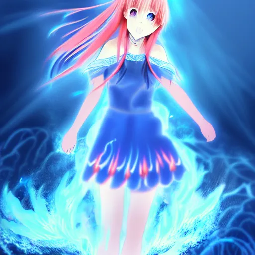 Image similar to advanced digital anime art, a very cute gorgeous teenage girl made of fire and ice with red fiery watery eyes glancing over her left shoulder wearing a dress made of water is standing in an apocalyptic burning city, full body, full round face, dramatic cinematic lighting, highly intricately detailed, medium shot, mid-shot, trending on pixiv, Artstation, Sakimimichan