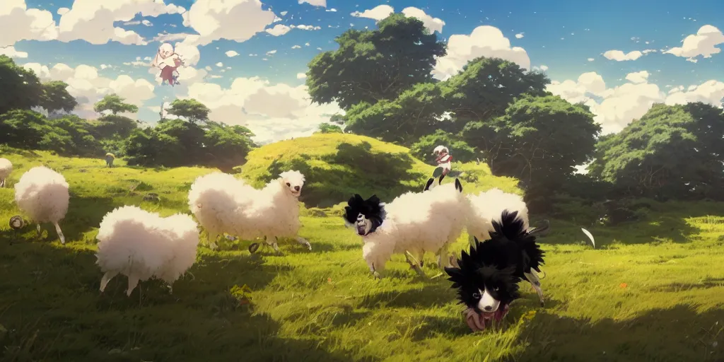 Image similar to border collie chasing sheep on feld nime key visual of luffy studio lit directed gaze, trending on pixiv fanbox, painted by greg rutkowski makoto shinkai takashi takeuchi studio ghibli