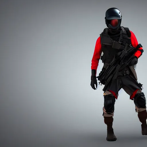 Image similar to futuristic insurgent wearing black helmet glossy visor, brown cloak, technical vest with tubing, and a backpack, photorealistic, digital art , red tint