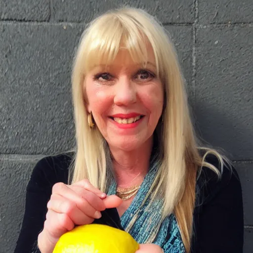 Image similar to Jill Tyrell from nighty night holding a lemon