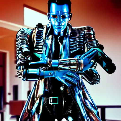 Prompt: terminator t-1000 cyberpunk style, ultra realistic, cinematic,