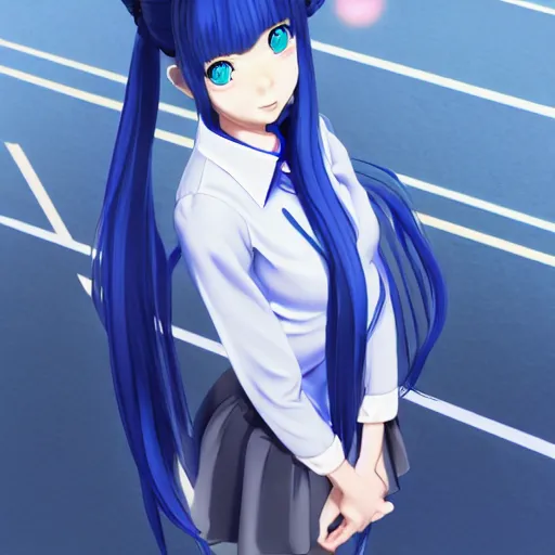 Prompt: a girl with long blue hair wearing a school uniform, computer graphics by Miyazaki, featured on pixiv, holography, official art, full body, 3d