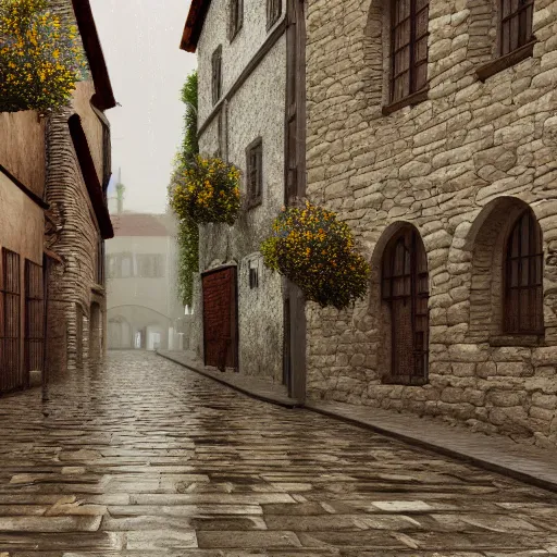 Image similar to raining and thundering in a medieval town, 4k, realistic, tranquil, calming,