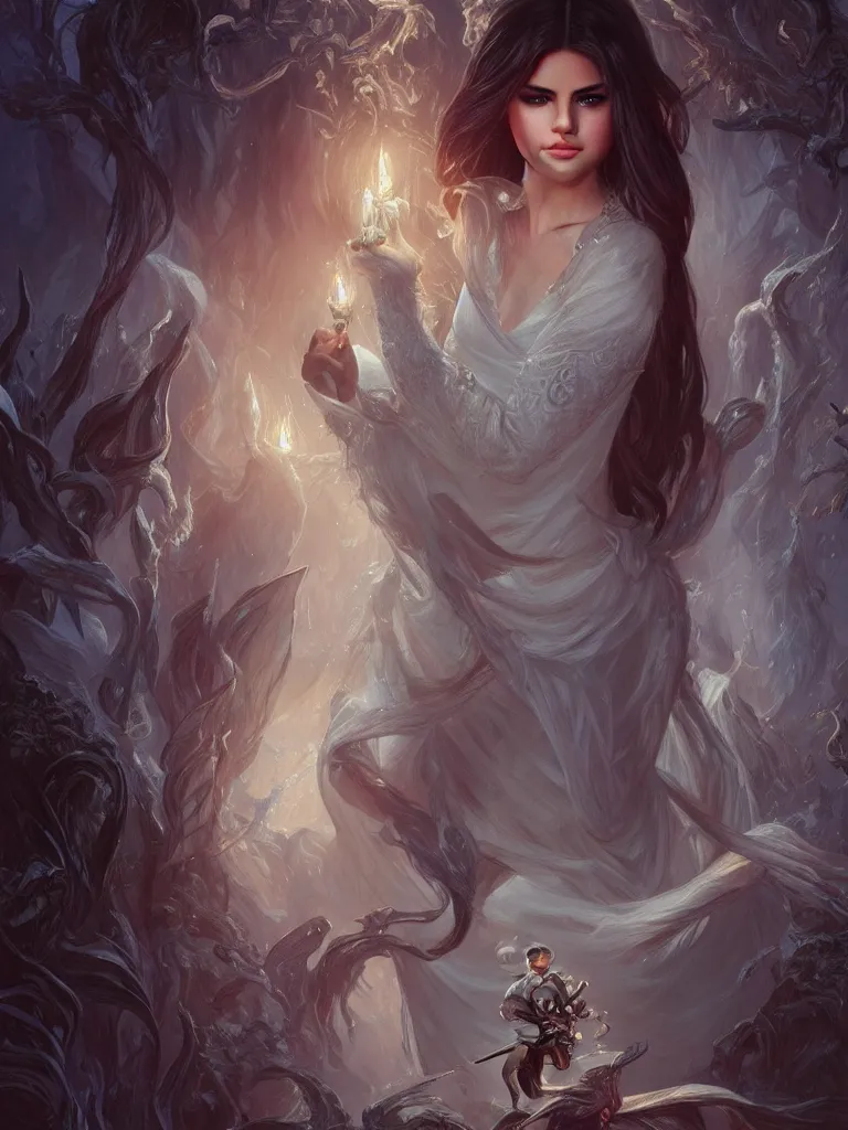 Image similar to Selena Gomez casting an frost spell, D&D, fantasy, intricate, elegant, highly detailed, digital painting, artstation, concept art, matte, sharp focus, illustration, hearthstone, art by Artgerm and Greg Rutkowski and Alphonse Mucha