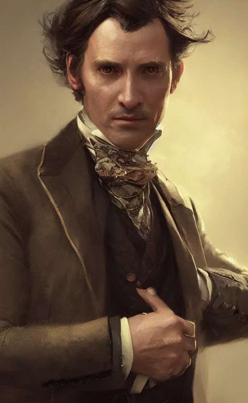 Image similar to portrait of a middle aged victorian aristocrat, waistcoat, male, detailed face, victorian, highly detailed, cinematic lighting, digital art painting by greg rutkowski