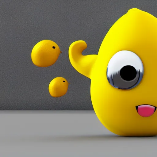 Image similar to 3 d render, chibi lemon character with an angry look on his face, he is wearing a hat, relaxing on the beach at sunset