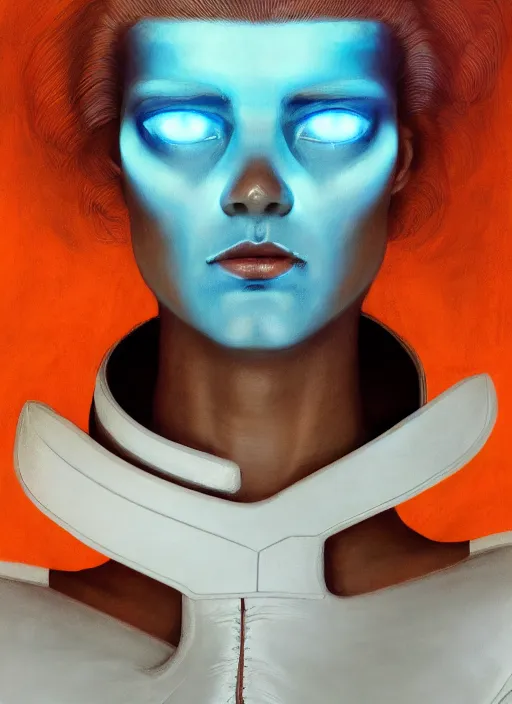 Image similar to symmetry!!! closeup portrait! of a cyborg racer girl, fashion white jumpsuit, shoulder pads, in clouds, cinematic light, windy, teal orange, volumetric smoke, by gerald brom, by mikhail vrubel, by peter elson, muted colors, extreme detail, trending on artstation, 8 k