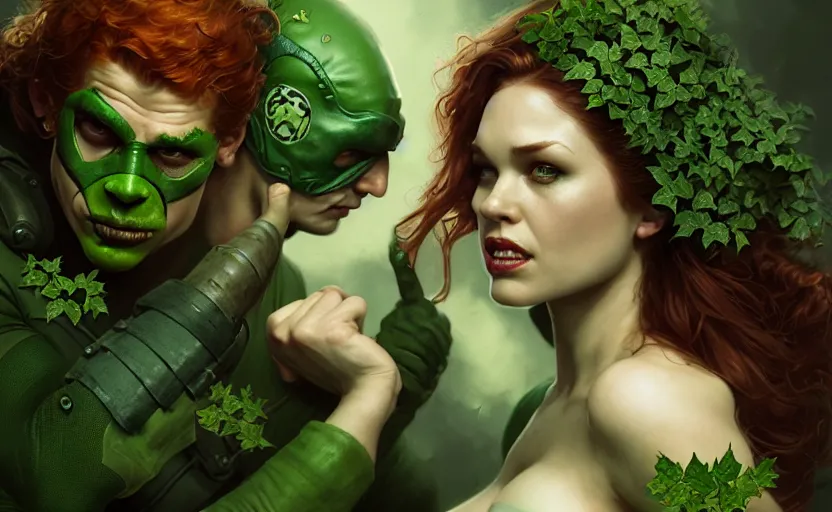 Prompt: poison ivy and Bane fighting, illustration, realistic eyes, artstation, cinematic lighting, hyperdetailed, detailed realistic symmetrical eyes, cgsociety, 8k, high resolution, Charlie Bowater, Tom Bagshaw, Norman Rockwell, insanely detailed and intricate, prison background