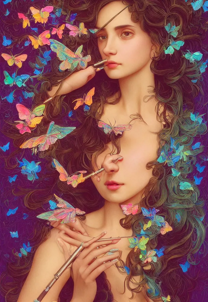 Prompt: beautiful, young woman, detailed gorgeous face, sad eyes, crying, vaporwave aesthetic, synthwave, colorful, psychedelic, holding a flute, butterflies, birds, digital painting, artstation, concept art, smooth, extremely sharp detail, finely tuned detail, ultra high definition, ultra sharp focus, illustration, art by artgerm and greg rutkowski and alphonse mucha