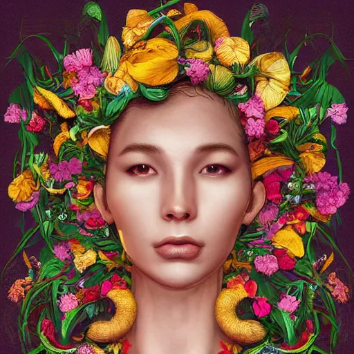 Image similar to the portrait of the most beautiful, graceful, and elegant woman made of bananas and petals, an ultrafine detailed illustration by kim jung gi, irakli nadar, intricate linework, bright colors, final fantasy, behance contest winner, angular, unreal engine 5 highly rendered, global illumination, radiant light, detailed and intricate environment