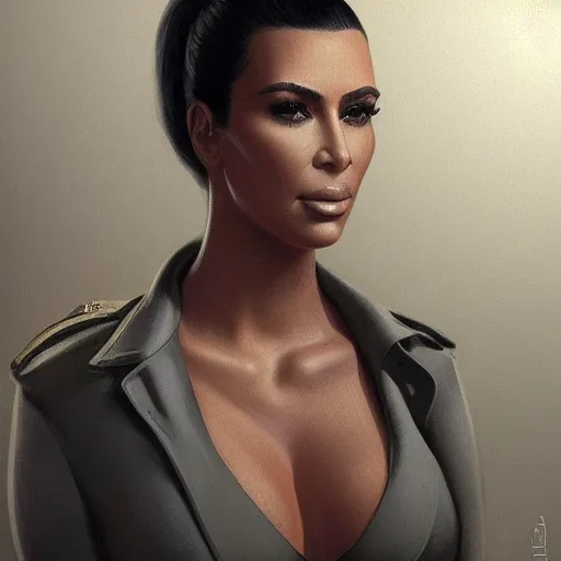 Image similar to kim kardashian as a cop, police uniform, full body view, full pov, haunted house interior, pretty, aesthetic, dust molecules, matte detailed photo, DeviantArt, Artstation, by donato giancola, ralph horley, loish, cinematic lighting