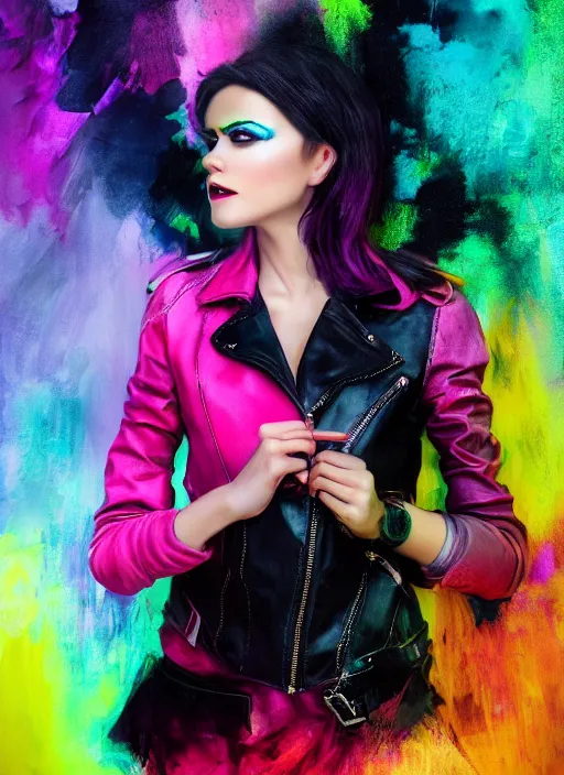 Image similar to a photo of 8 k ultra realistic a black haired female in high heels and a black leather jacket, pink, purple, green, yelow, red, blue, white neon, art by lise deharme