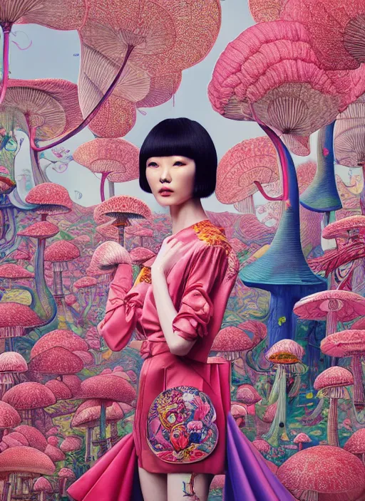 Prompt: chinese fashion model with hallucination mushroom : : by martine johanna and simon stalenhag and chie yoshii and casey weldon and wlop : : ornate, dynamic, particulate, rich colors, intricate, elegant, highly detailed, vogue, harper's bazaar art, fashion magazine, smooth, sharp focus, 8 k, octane render,