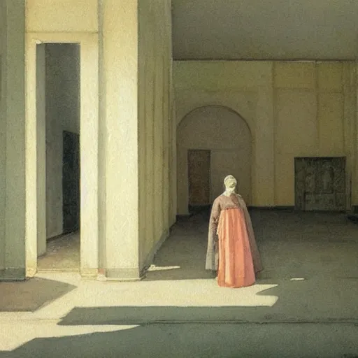 Image similar to a procession of woman in an abandoned soviet temple, watercolor by ivan biblin, by hammershøi, art noveau, highly detailed, lights by edward hopper, liminal, eerie, bright pastel colors