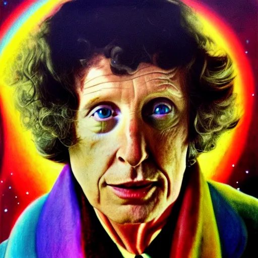 Image similar to tom baker using his scarf to fly, psychedelic, clouds, 4 k, intricate high details, sharp, 1 9 7 7, photo realistic, matt finish, realistic shadows, psychedelic