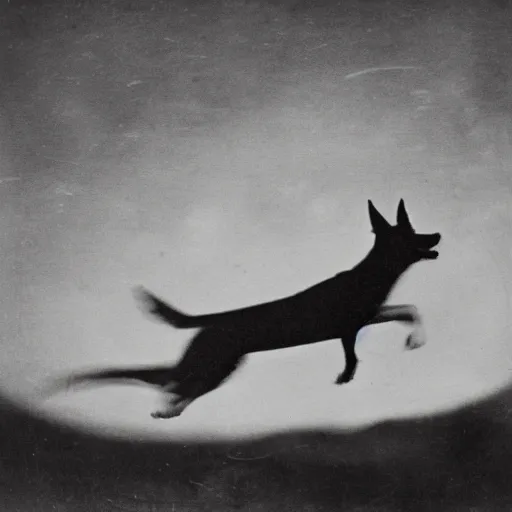 Image similar to a blurry 1 9 0 0 s photograph of a black dog flying in the night sky, moonlight,