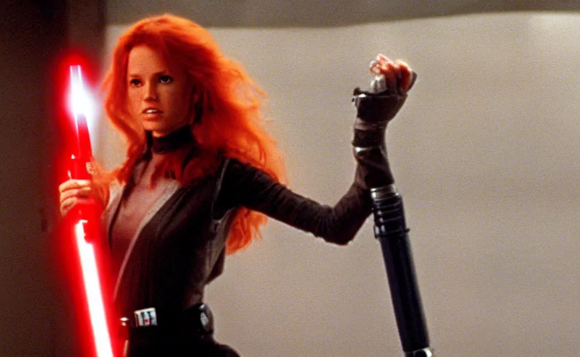 Image similar to screenshot of Julian Moore as Mara Jade, the female jedi in 1980s star wars film, with lightsaber from the film 2001 Space Oddyssey (1968) directed by Stanley Kubrick, 4k still frame, windy hair, cinematic lighting, stunning cinematography, hyper detailed scene, anamorphic lenses, kodak color film stock