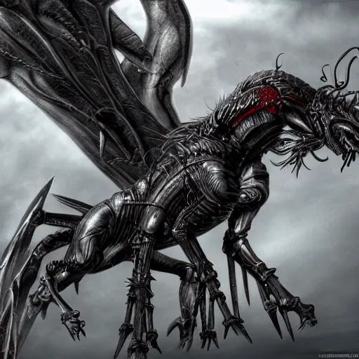 Image similar to realistic photo of an heroic pegasus with demon wings, evil eyes and venom's mouth, hr giger style, biomechanical, 4k, no artifacts