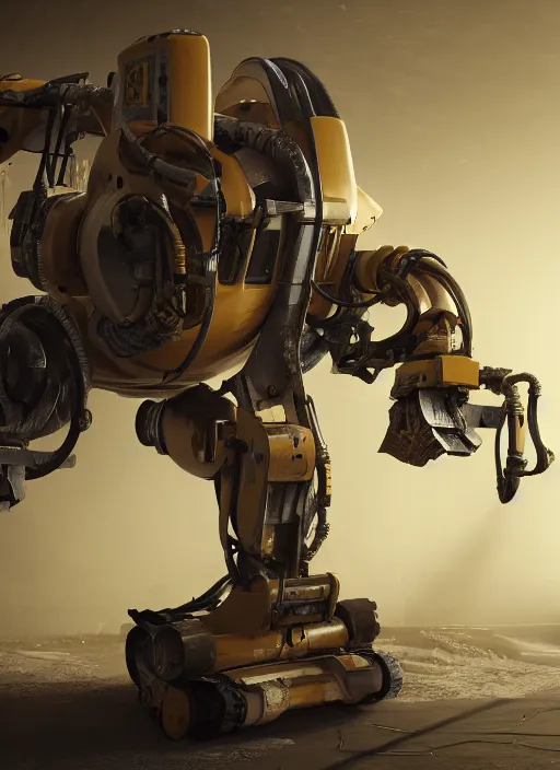 Image similar to a photorealistic dramatic hyperrealistic render of a futuristic exosuit power excavator heavy machinery, ultra realistic details, glossy yellow, well worn, rust, oil stains by vitaly bulgarov and mike nash, beautiful dramatic dark moody tones and lighting, cinematic atmosphere, studio lighting, global illumination, shadows, dark background, octane render, 8 k