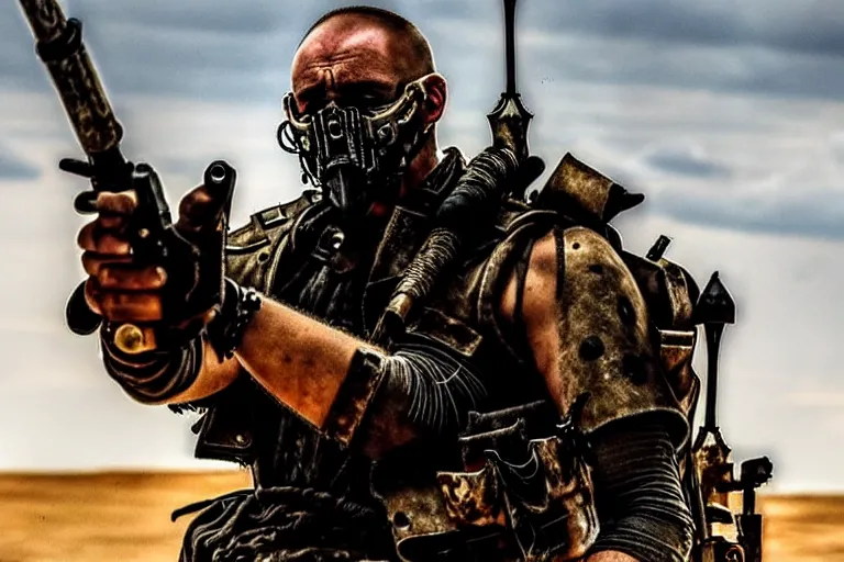 Image similar to a fursona ( from the furry fandom ), heavily armed and armored facing down armageddon in a dark and gritty version from the makers of mad max : fury road. witness me.