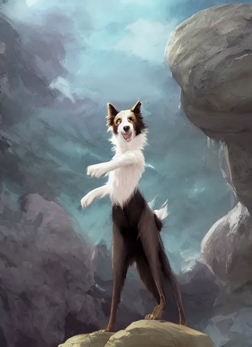 Image similar to wide angle beautiful full body portrait of a cute male anthropomorphic anthro border collie fursona wearing a jumpsuit on basalt columns, character design by charlie bowater, henry asencio, and ross tran, disney, scenic background, detailed, glamor pose, aesthetic, trending on artstation, furaffinity, deviantart