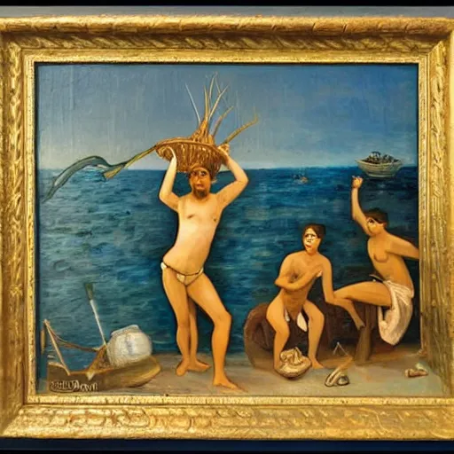 Prompt: pearl divers in the Arab Emirates in the early 20th centu oil painting style,