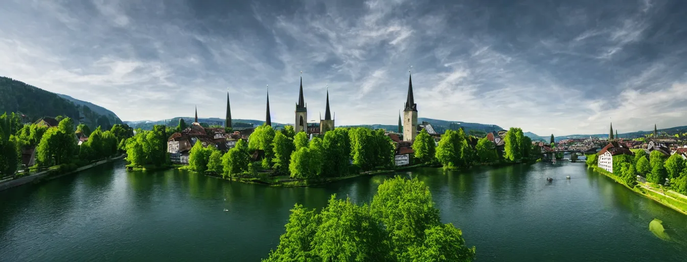 Image similar to Photo of Zurich, looking down the river at the lake and the alps, Hardturm, Grossmünster, wide angle, trees, volumetric light, hyperdetailed, green water, artstation, cgsociety, 8k