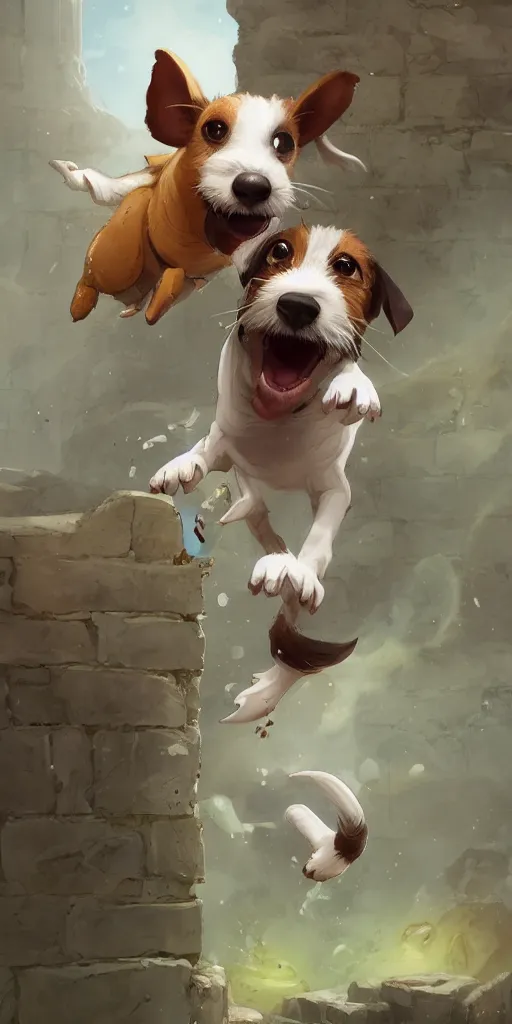 Image similar to adorable jack russel terrier jumping over a brick wall, fantasy art, artstation character design contest winner, trending on cgsociety, concept art, speedpaint, beautiful digital art, jesper ejsing, james jean, justin gerard, fenghua zhong, makoto shinkai, highly detailed