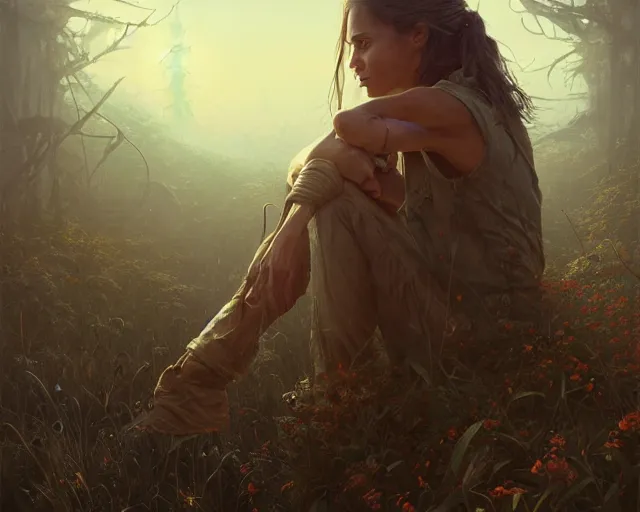 Image similar to highly detailed portrait of alicia vikander, in the walking dead, stephen bliss, unreal engine, fantasy art by greg rutkowski, loish, rhads, ferdinand knab, makoto shinkai and lois van baarle, ilya kuvshinov, rossdraws, tom bagshaw, global illumination, radiant light, detailed and intricate environment