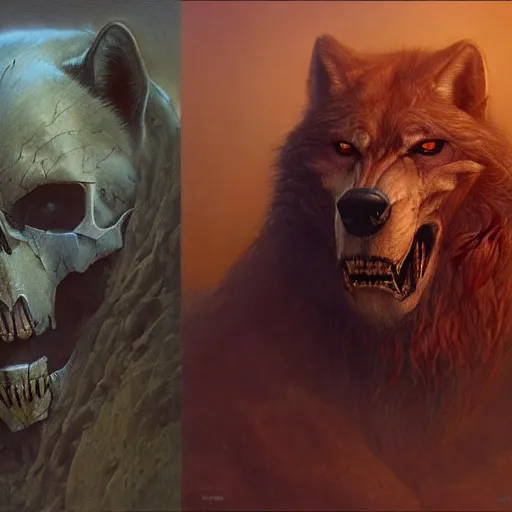 Image similar to anthropomorphic wolf, skull armor, cementary scenery, fantasy 3 d render, masterpiece, red aura, by donato giancola and greg rutkowski and wayne barlow and zdzisław beksinski, realistic face