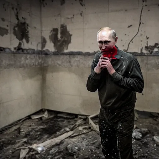 Image similar to putin with a chainsaw. in a concrete bunker with a pile of corpses. focus on putins face with blood splatters. canon eos r 3, f / 1. 4, iso 1 6 0 0, 1 / 8 0 s, 8 k, raw, grainy