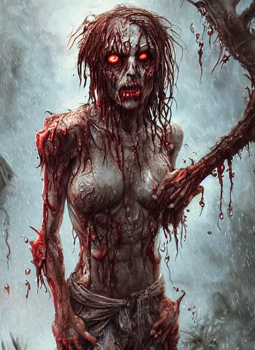 Prompt: digital painting of a wet zombie in the rain by filipe pagliuso and justin gerard, fantasy, highly detailed, realistic, intricate, glowing eyes