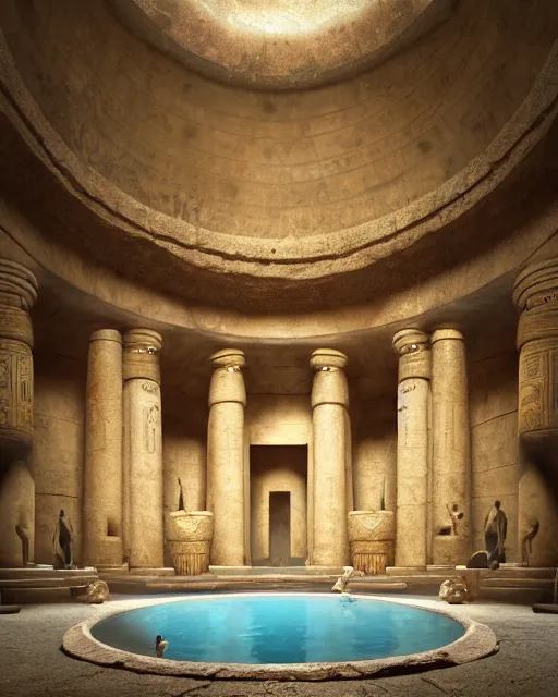 Prompt: greg rutkowski digital painting of an ornate and royal egyptian antechamber tomb, a circular pool in the tomb, the circular pool has a galaxy inside, unreal engine, hyper realism, realistic shading, cinematic composition, blender render, octane render, hdr, detailed textures, photorealistic, ultrawide shot, 3 5 mm film