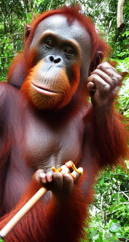 Image similar to Orangutan second-hand smoking, iPhone selfie