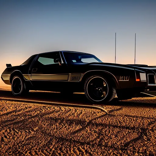 Image similar to kitt the incredible car black transam cruising the desert at magic hour, 8K