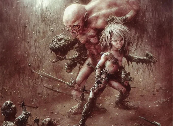 Image similar to bald barbarian girl fighting small cute goblins by Luis Royo and Beksinski