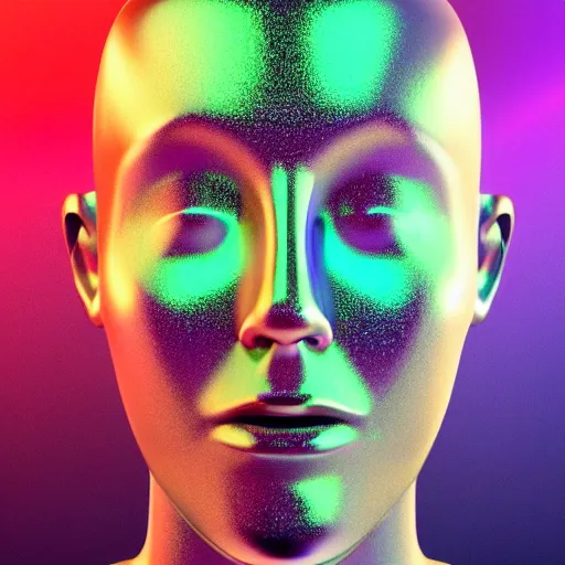 Image similar to 3d render of holographic human robotic head made of glossy iridescent, surrealistic 3d illustration of a human face non-binary, non binary model, 3d model human, cryengine, made of holographic texture, holographic material, holographic rainbow, concept of cyborg and artificial intelligence