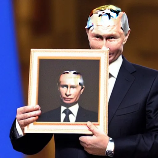 Image similar to putin is holding a picture of putin holding a portrait of putin