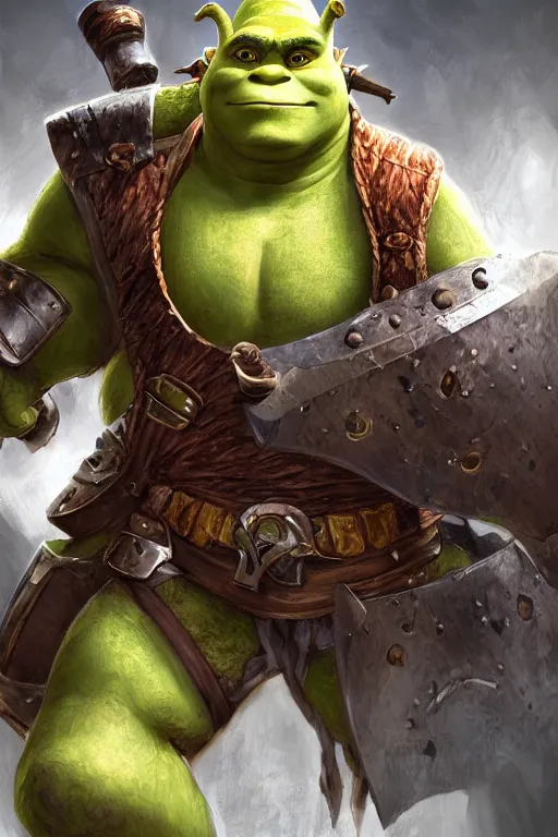 Image similar to A realistic anime portrait of Shrek, warrior, D&D, two handed Axe, full body plated armor, dungeons and dragons, tabletop role playing game, rpg, jrpg, digital painting, by Stanley Artgerm Lau, Frank frazzeta, WLOP and Rossdraws, digtial painting, trending on ArtStation, SFW version