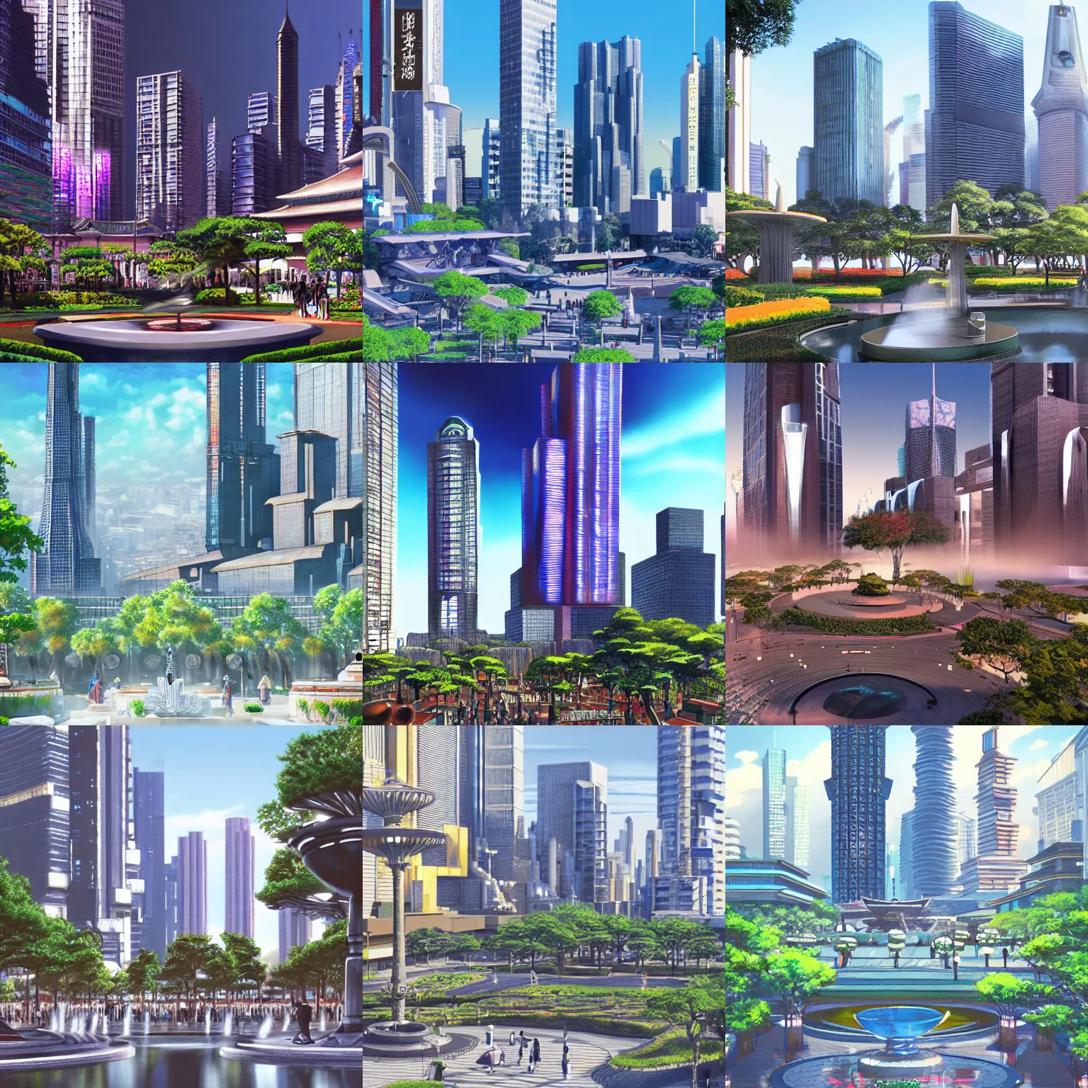 Prompt: plaza with water fountains, neo tokyo, futuristic and traditional japanese buildings, utopia, clear sky, tall skyscrapers in background, featured on ArtStation, realistic art nouveau