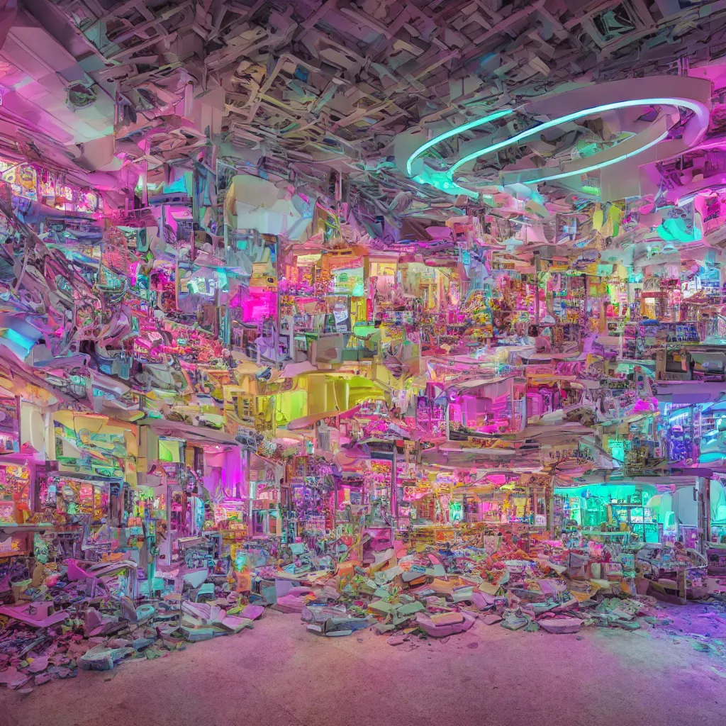 Image similar to architecture, futuristic, neon, pastel colors, hd 8 k, digital design, detailed, abandoned, overgrown, candy shop in a mall, candies