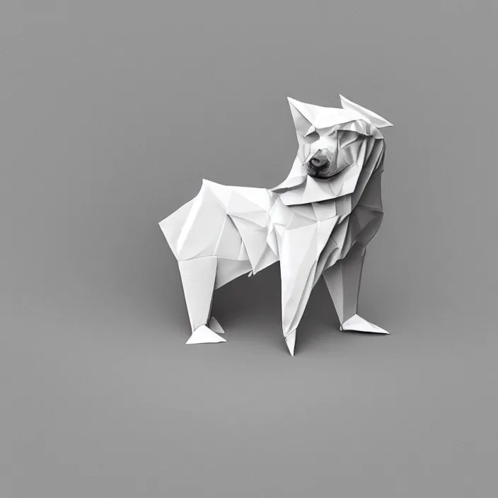 Prompt: low poly, isometric 3 d, white background, high definition, origami dog wearing a crown, hd, 4 k, 8 k