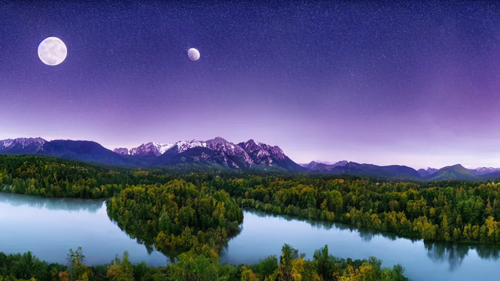 Image similar to Panoramic photo where the mountains are towering over the valley below their peaks shrouded in mist. The moon is just peeking over the horizon and the purple sky is covered with stars and clouds. The river is winding its way through the valley and the trees are light blue.